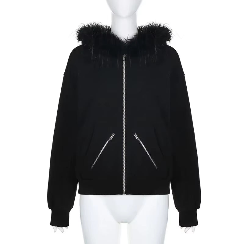 Faux Fur Collar Hooded Zip up Hoodies Gothic Grunge Pockets Autumn Black Jackets Female Y2K Streetwear Egirl Cardigans