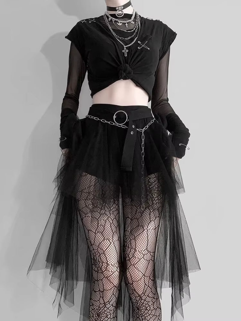 Harajuku Gothic Mesh Skirt Women Cyberpunk Y2K E-Girl High Waist Irregular Skirt Emo Alternative Indie Clubwear Female