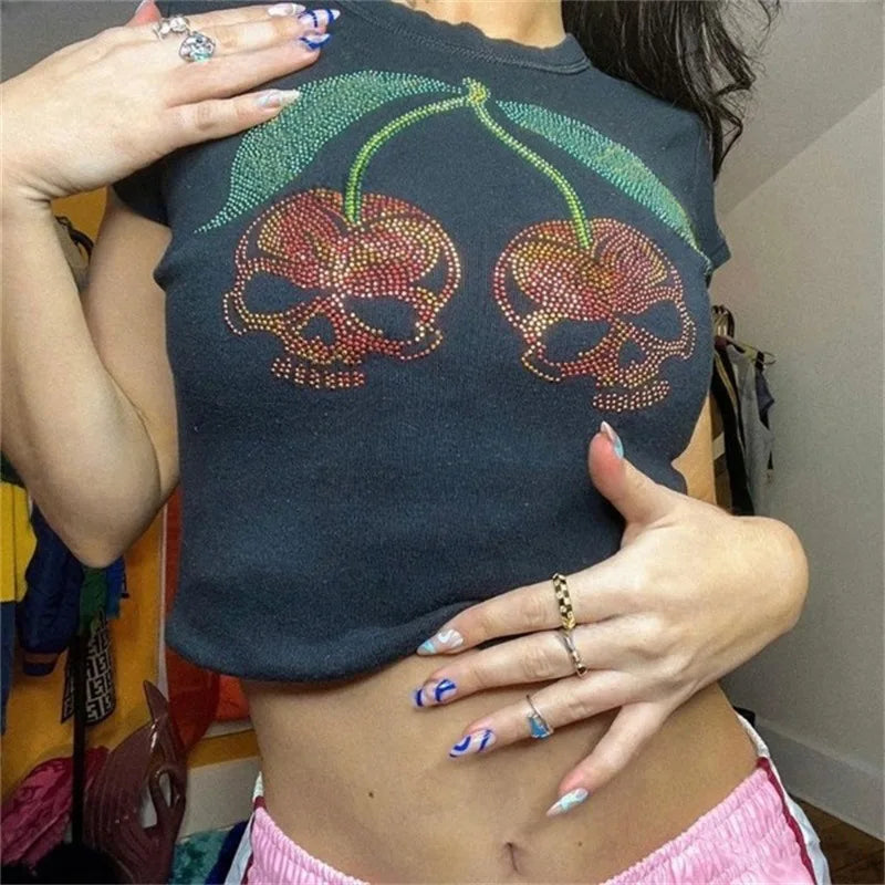 Aesthetic Punk Slim Emo Girls Baby Tee Gothic Streetwear Vintage Rhinestone Skull Graphic Grunge T-Shirt 2000S Crop Tops Emo