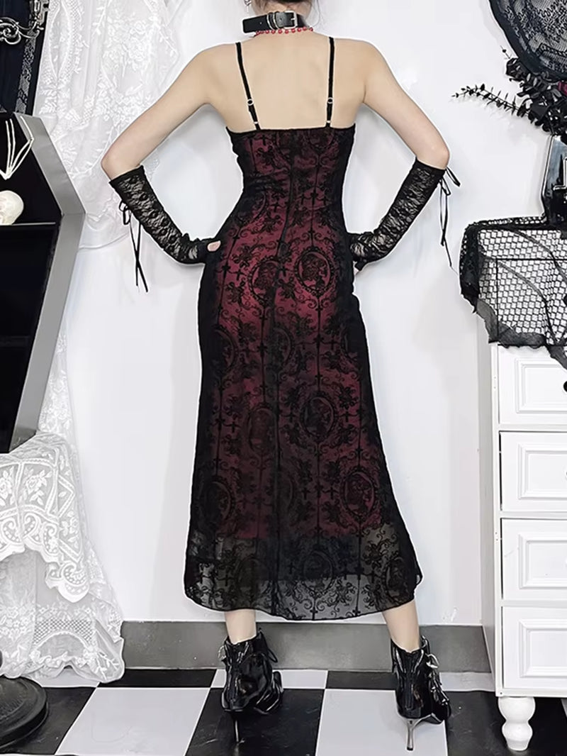 Vintage Elegant Goth Dress Women Sexy Streetwear Fairy Grunge Aesthetic Cross Pattern Spaghetti Strap Party Dress Female
