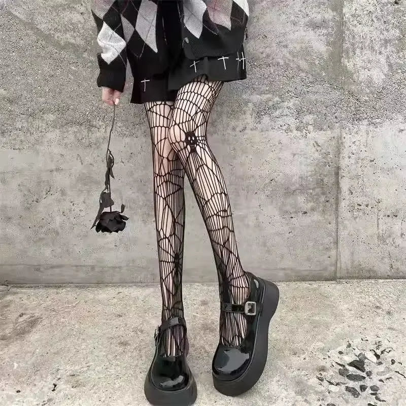 Goth Big Spider Pattern Silk Stockings Gothic Vintage Dark Fishnet Tights Women Emo Alternative Sexy Spider Web Witch Pantyhose