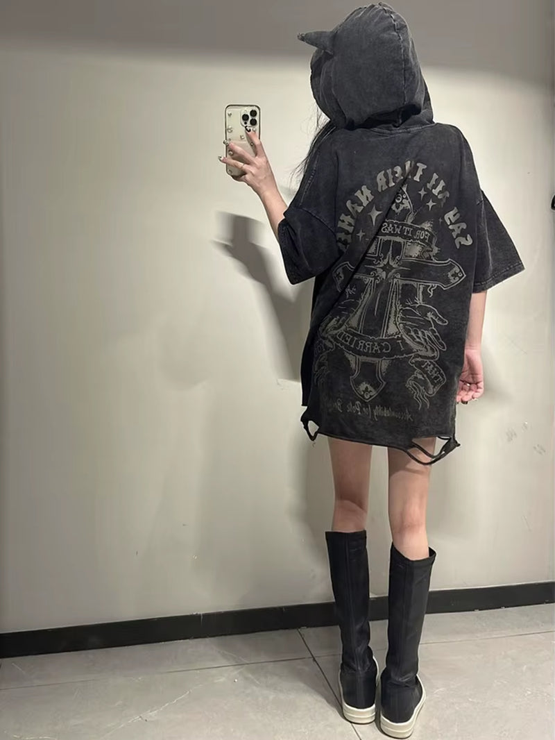 Harajuku Gothic Devil Horn T-Shirt Women Vintage Streetwear Cyber Punk Y2K Emo Printed Hole Short Sleeve Hooded Tee Tops