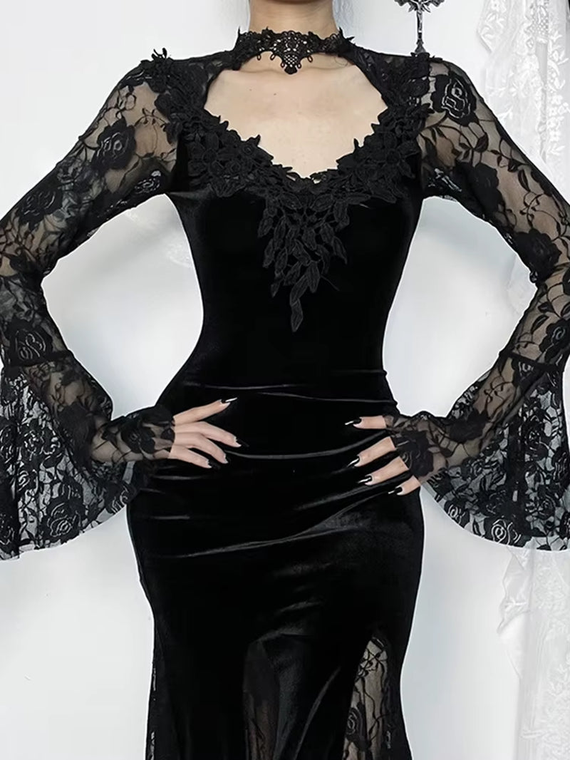 Aesthetic Gothic Midi Dress Women Vintage Elagnt Lace Patchwork See through Flare Sleeve High Waist Clubwear Dress Femme