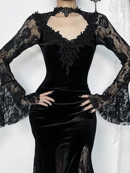 Aesthetic Gothic Midi Dress Women Vintage Elagnt Lace Patchwork See through Flare Sleeve High Waist Clubwear Dress Femme