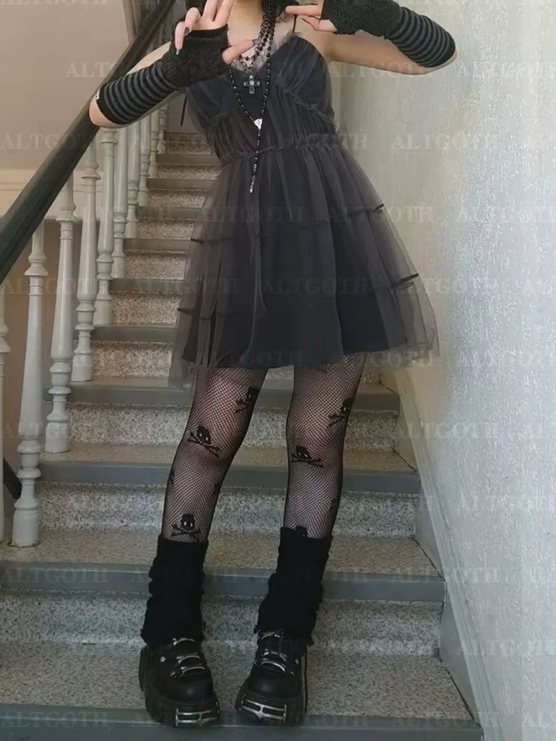 Y2K Gothic Mesh Dress Women Fairycore Grunge Streetwear Sexy Spaghetti Strap High Waist A-Line Dress Soft Goth Outfits