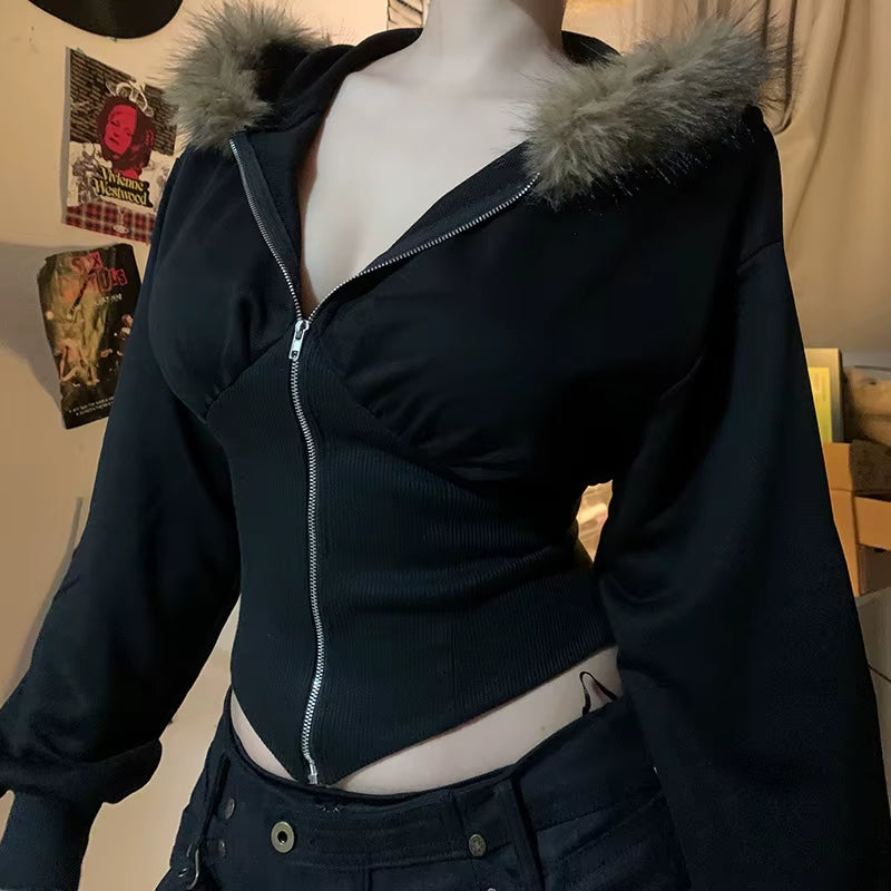 Autumn Winter Faux Fur Collar Solid Hooded Coats Women Casual Slim Waist Zip Hoodies Gothic Jackets Chic Streetwear