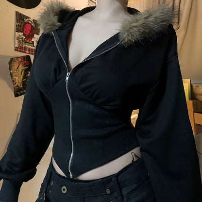 Autumn Winter Faux Fur Collar Solid Hooded Coats Women Casual Slim Waist Zip Hoodies Gothic Jackets Chic Streetwear