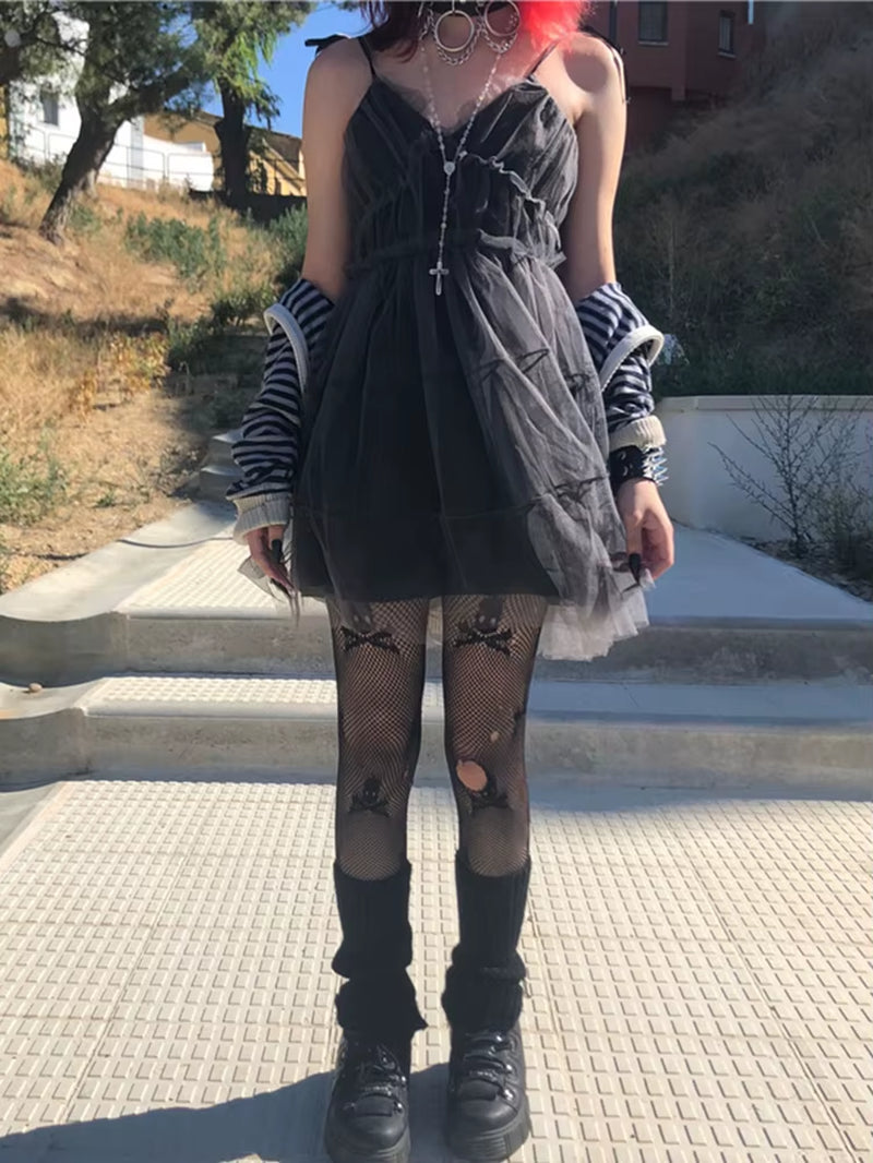 Fairycore Mesh Dress Women Mall Goth Y2K E-Girl Strapless High Waist A-Line Dress Harajuku Streetwear Emo Alt Clubwear