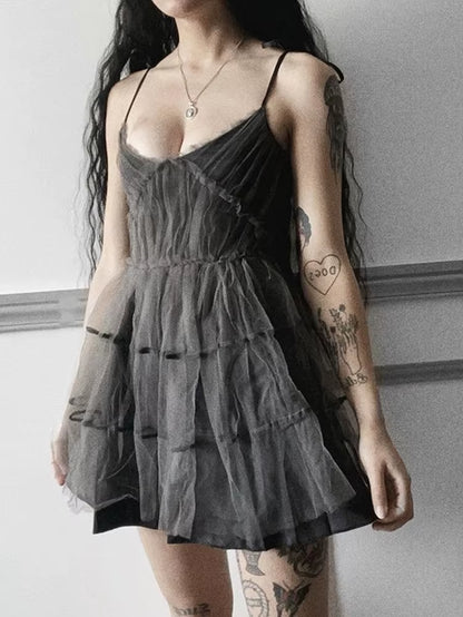Fairycore Mesh Dress Women Mall Goth Y2K E-Girl Strapless High Waist A-Line Dress Harajuku Streetwear Emo Alt Clubwear