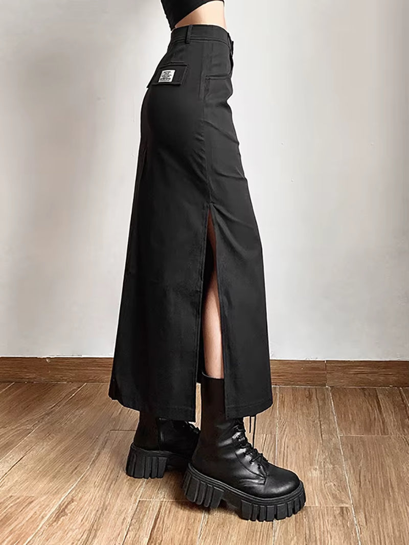 Grunge Casual Tag Split Women Midi Skirts Mall Gothic Punk High Raise Slim Long Skirt Y2K Sexy Fashion Streetwear 2023