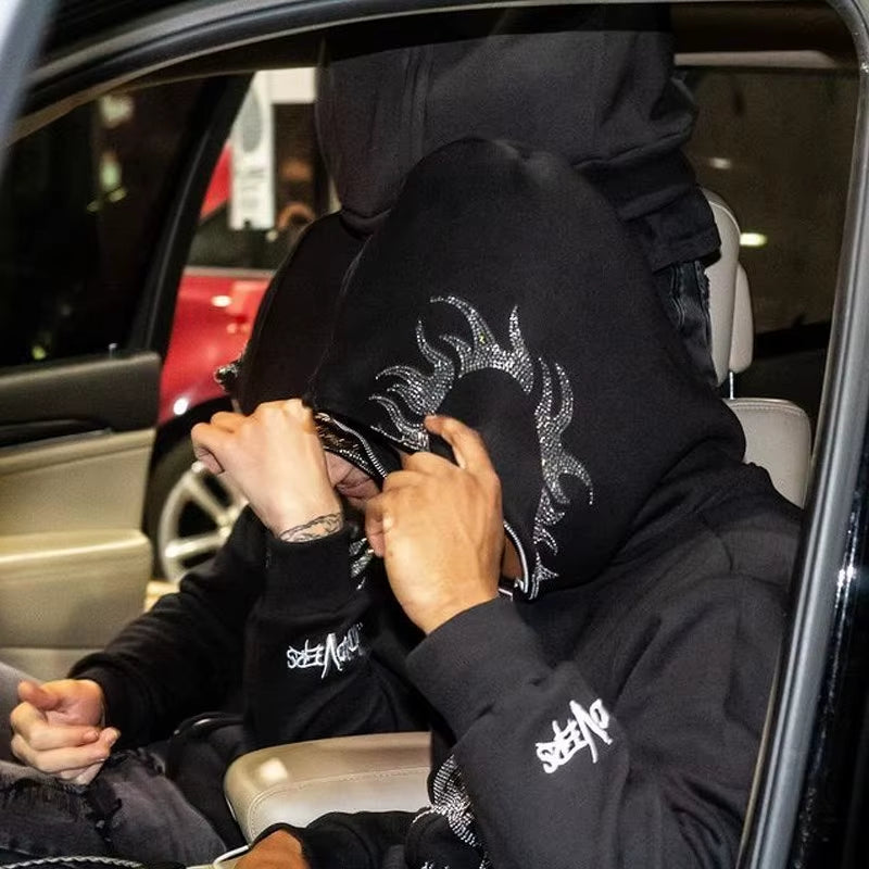 Y2K Jacket Men Hoodies Emo Zip Hoodie Rhinestone Pattern Goth Sweatshirt Sport Coat Pullover Gothic Long Sleeve Oversized Hoodie