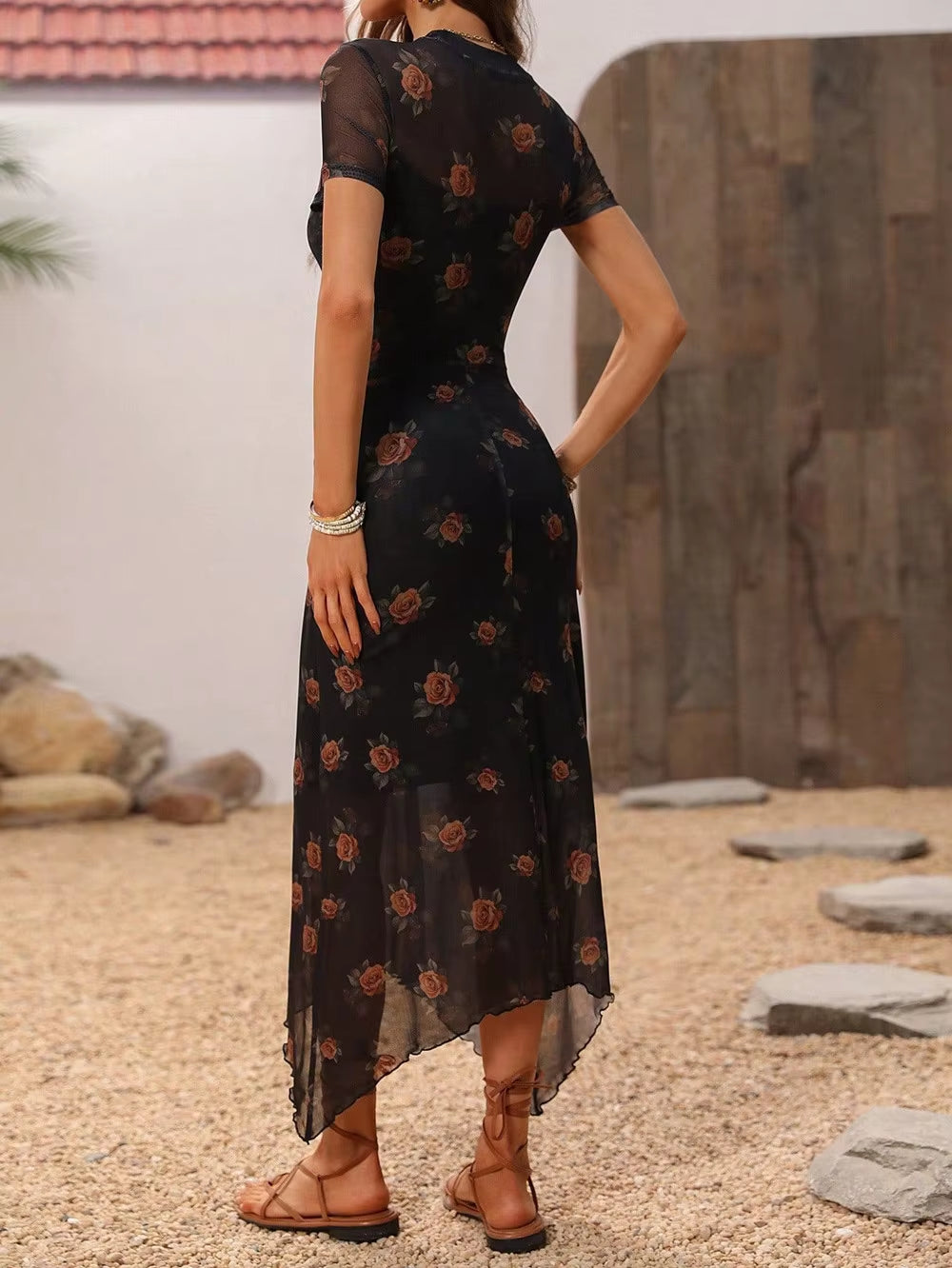 Elegant Fashion Florals Print Short Sleeve Mid Dress Fairy Grunge Mesh Patchwork Double Layer Dresses Gothic Techwear