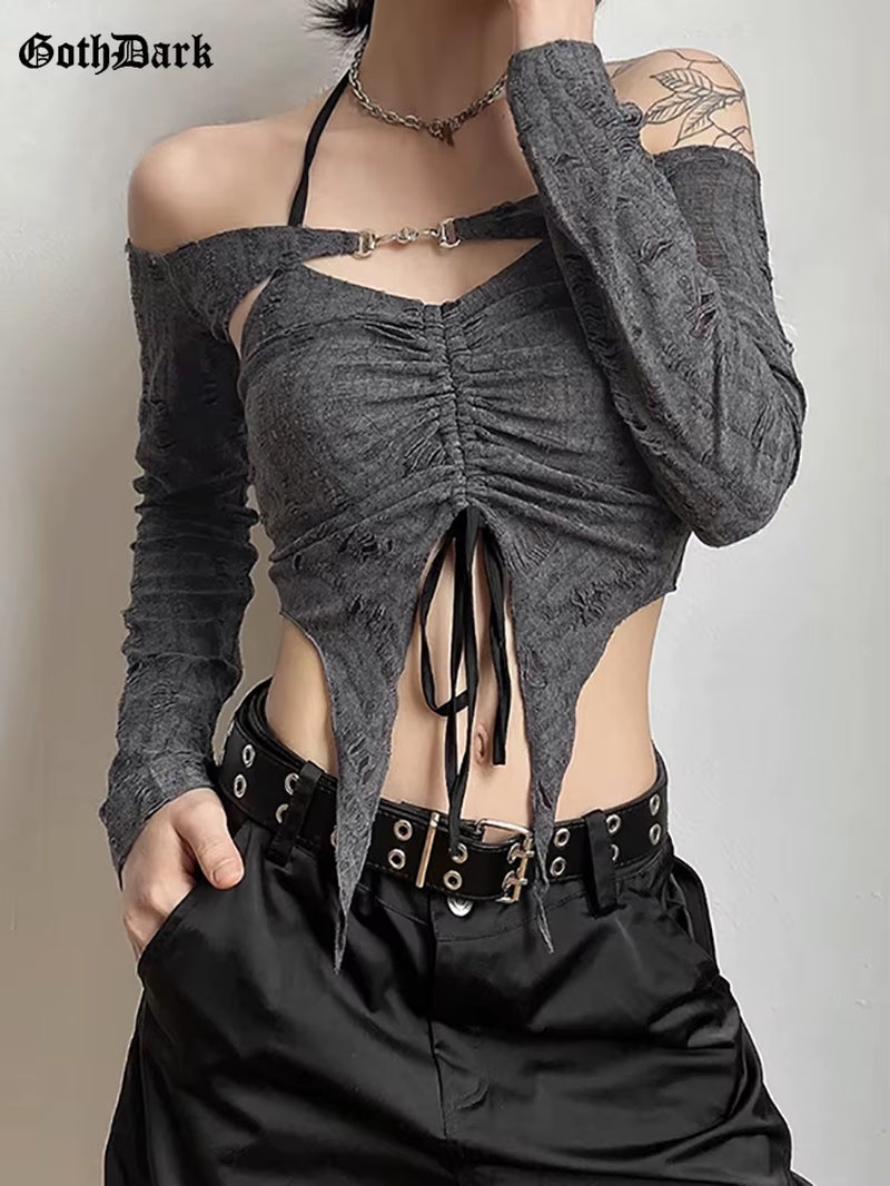 Vintage Mall Gothic Drawstring Women T-Shirts 2 Piece Set Y2K Retro Fairy Grunge Camisole Long Sleeve Buckle Crop Tops