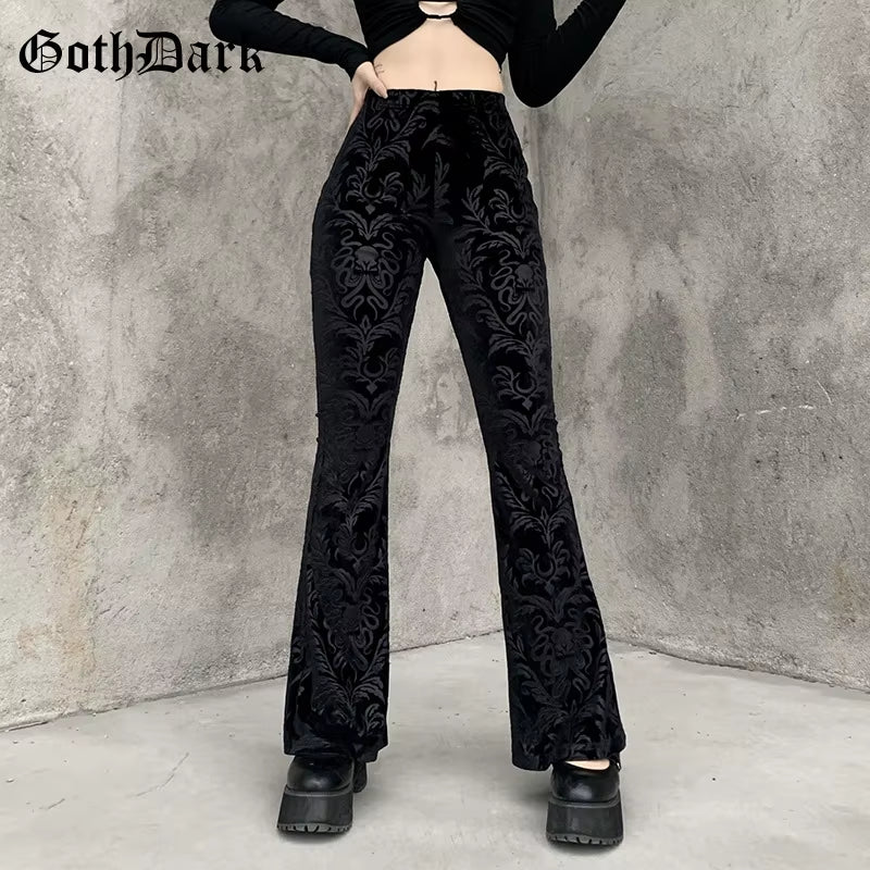 Vintage Floral Scratched Mall Gothic Pants Velvet High Waist Skinny Flare Trousers for Women Streetwear Cyber Y2K Pant