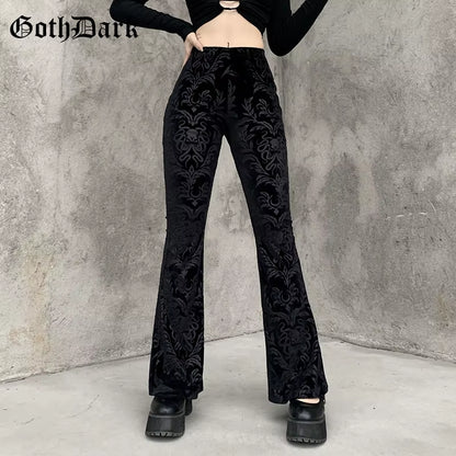 Vintage Floral Scratched Mall Gothic Pants Velvet High Waist Skinny Flare Trousers for Women Streetwear Cyber Y2K Pant