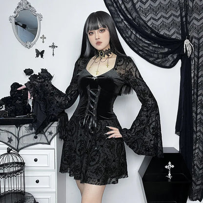 Elegant Vintage Mall Gothic Velvet Dresses Grunge Punk Style Flocked Bandage Dress Women Flare Sleeve Party Alt Outfit