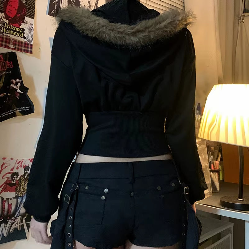 Autumn Winter Faux Fur Collar Solid Hooded Coats Women Casual Slim Waist Zip Hoodies Gothic Jackets Chic Streetwear