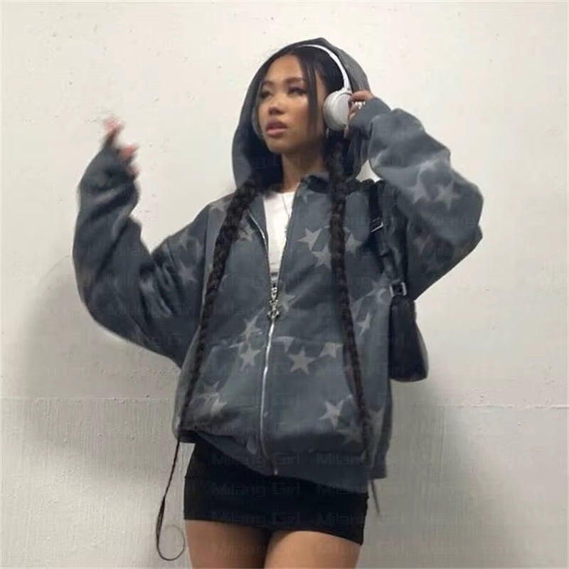 Vintage Fashion Star Graphic Fairy Grunge Men Women Long-Sleeved Zip Hoodie Jacket Oversize Streetwear Y2K Clothes Emo Pullover