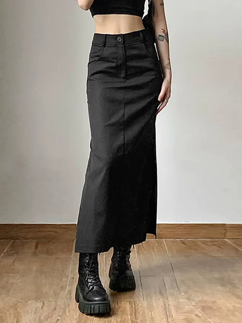 Grunge Casual Tag Split Women Midi Skirts Mall Gothic Punk High Raise Slim Long Skirt Y2K Sexy Fashion Streetwear 2023