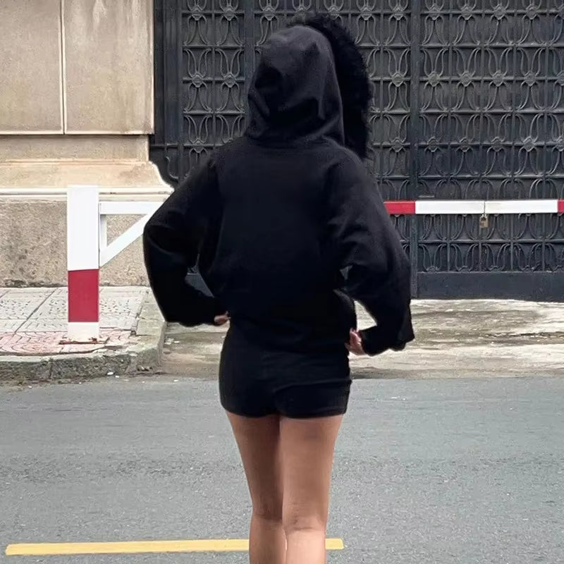 Faux Fur Collar Hooded Zip up Hoodies Gothic Grunge Pockets Autumn Black Jackets Female Y2K Streetwear Egirl Cardigans