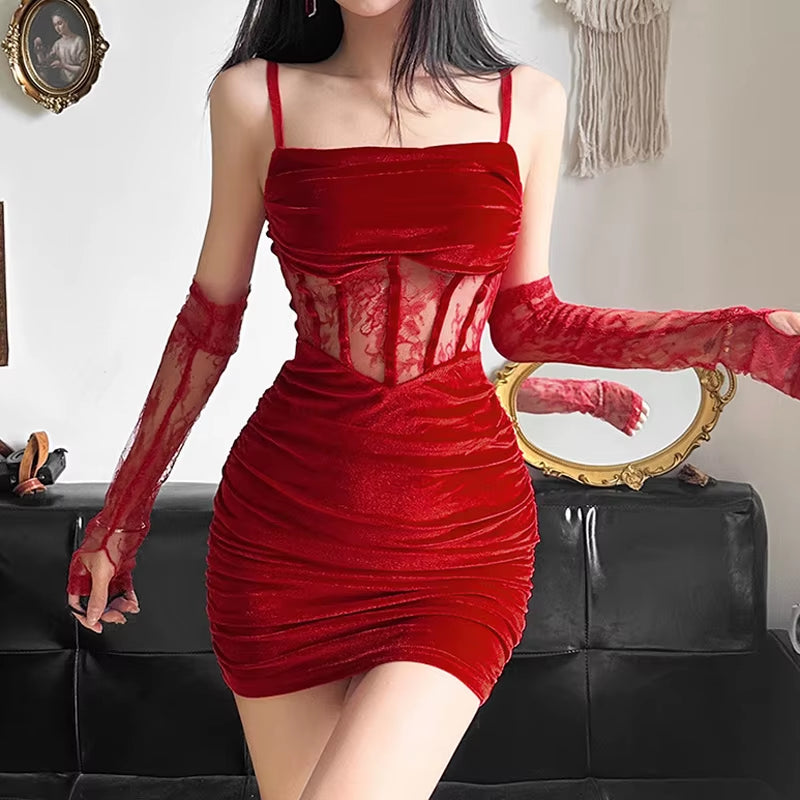 Velvet Y2K Ruched Elegant Corset Dresses Gothic Lace Patches Sheer Sling Party Dress Red Black Ladies Backless Clothes