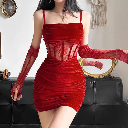 Velvet Y2K Ruched Elegant Corset Dresses Gothic Lace Patches Sheer Sling Party Dress Red Black Ladies Backless Clothes