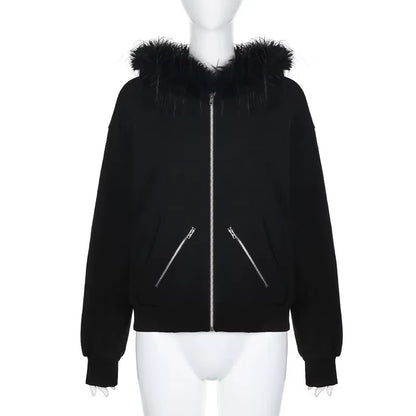 Faux Fur Collar Hooded Zip up Hoodies Gothic Grunge Pockets Autumn Black Jackets Female Y2K Streetwear Egirl Cardigans