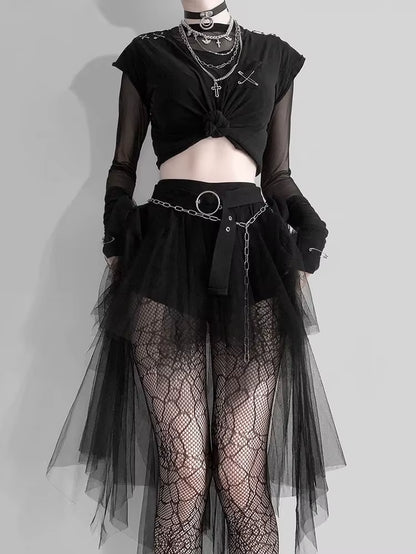 Harajuku Gothic Mesh Skirt Women Cyberpunk Y2K E-Girl High Waist Irregular Skirt Emo Alternative Indie Clubwear Female