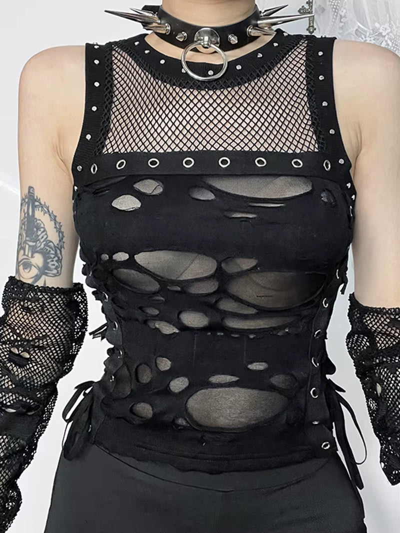 Cyber Y2K Hole Vest Women Streetwear Harajuku Vintage Gothic Sexy O-Neck Mesh Patchwork See through Crop Tank Tops Femme