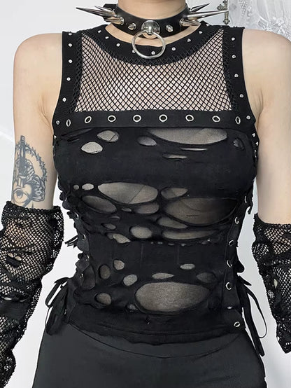 Cyber Y2K Hole Vest Women Streetwear Harajuku Vintage Gothic Sexy O-Neck Mesh Patchwork See through Crop Tank Tops Femme