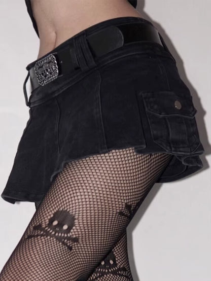 Harajuku Y2K Denim Skirt Women Dark Gothic Streetwear Mini Skirt with Skull Belt Mall Goth Punk Grunge Sexy Emo Clubwear