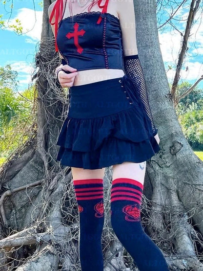 Y2K Gothic Cake Skirt Women Dark Punk Streetwear Bandage High Waist Skirt Harajuku Grunge Emo Alternative Clubwear Skirt