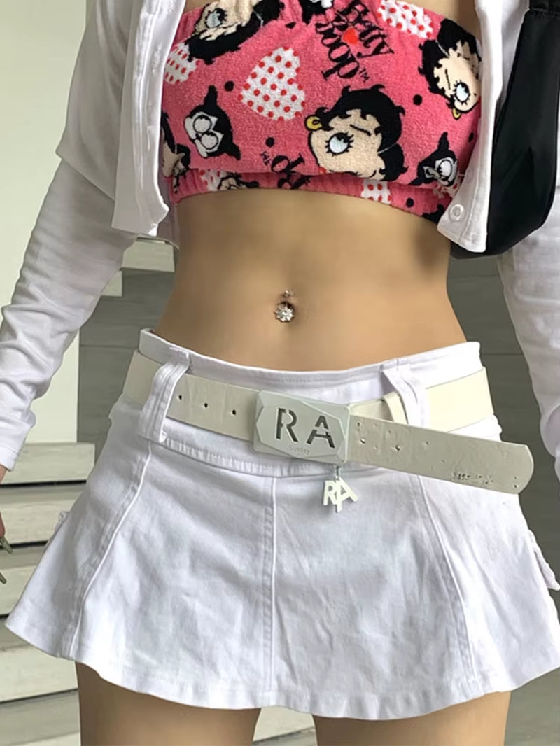 Harajuku Y2K Denim Skirt Women Dark Gothic Streetwear Mini Skirt with Skull Belt Mall Goth Punk Grunge Sexy Emo Clubwear