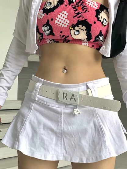 Harajuku Y2K Denim Skirt Women Dark Gothic Streetwear Mini Skirt with Skull Belt Mall Goth Punk Grunge Sexy Emo Clubwear