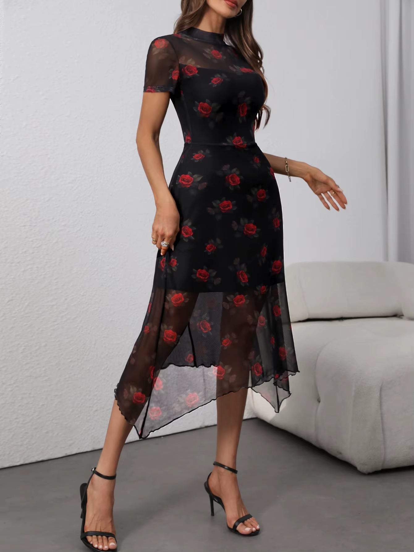 Elegant Fashion Florals Print Short Sleeve Mid Dress Fairy Grunge Mesh Patchwork Double Layer Dresses Gothic Techwear