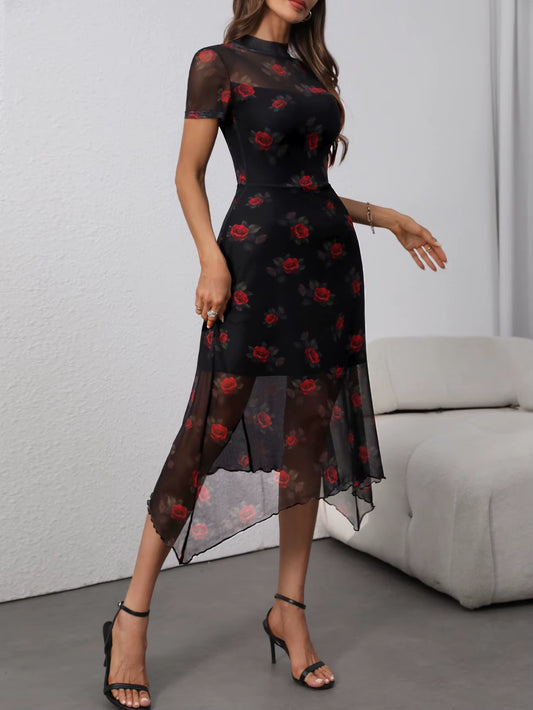 Elegant Fashion Florals Print Short Sleeve Mid Dress Fairy Grunge Mesh Patchwork Double Layer Dresses Gothic Techwear