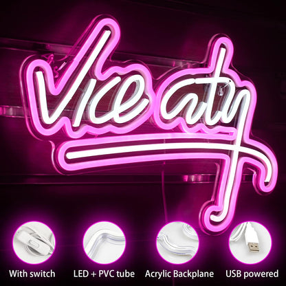 Vice City Neon Sign Pink Led Sign for Bedroom Wall Decor USB Powered Letter Neon