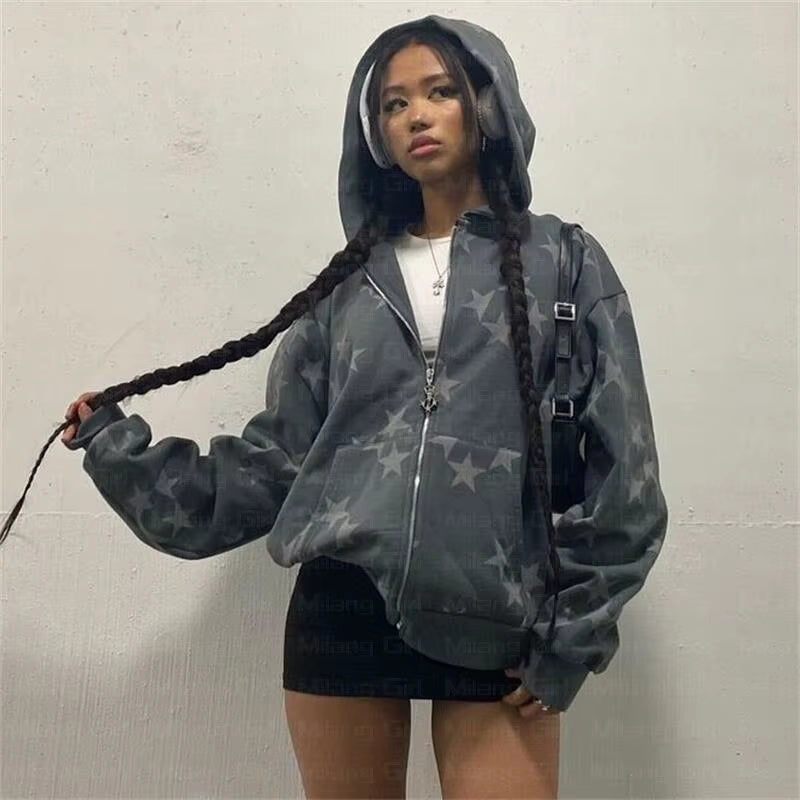 Vintage Fashion Star Graphic Fairy Grunge Men Women Long-Sleeved Zip Hoodie Jacket Oversize Streetwear Y2K Clothes Emo Pullover