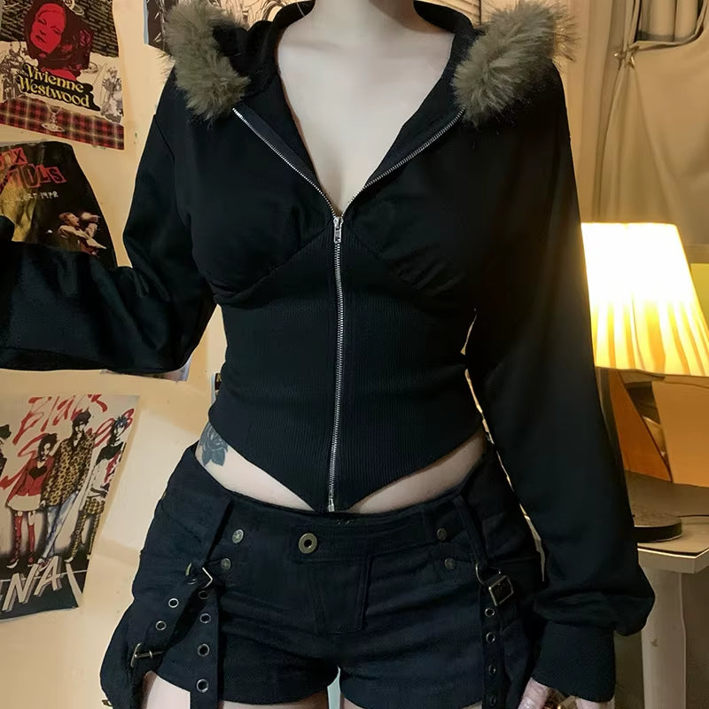 Autumn Winter Faux Fur Collar Solid Hooded Coats Women Casual Slim Waist Zip Hoodies Gothic Jackets Chic Streetwear