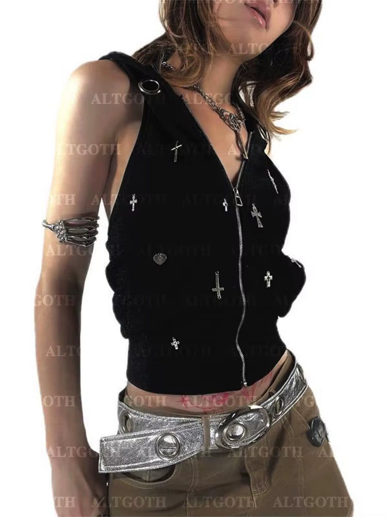Streetwear Gothic Dark Vest Women Harajuku Y2K E-Girl Cyberpunk Cross Hooded Crop Tank Top Emo Alt Grunge Outfits Female