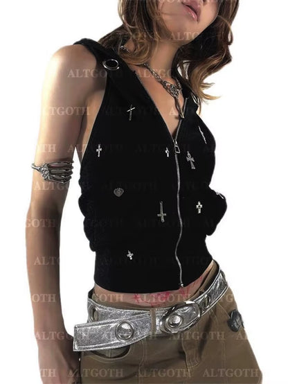 Streetwear Gothic Dark Vest Women Harajuku Y2K E-Girl Cyberpunk Cross Hooded Crop Tank Top Emo Alt Grunge Outfits Female
