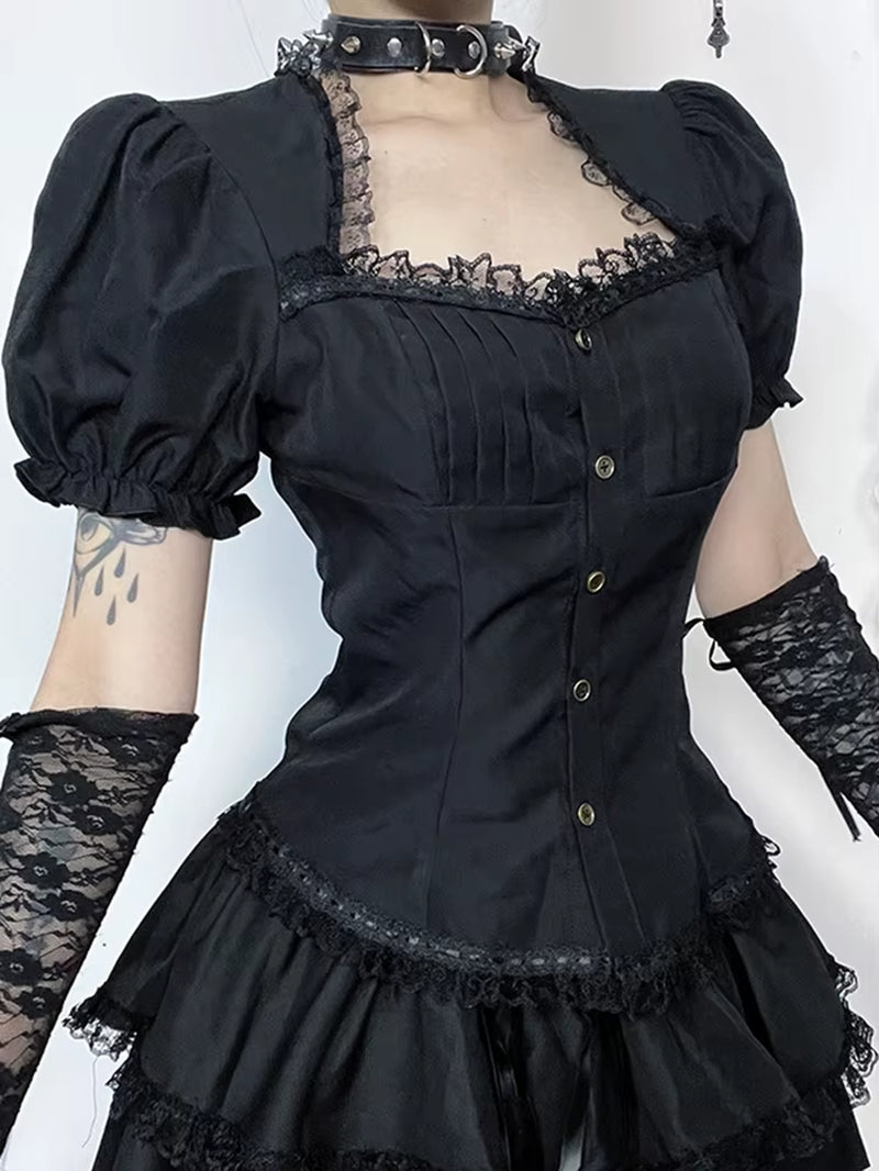 Vintage Gothic Lolita T-Shirt Women Streetwear Lace Patchwork Puff Sleeve Bandage Crop Tee Tops Elegant Cosplay Clothes