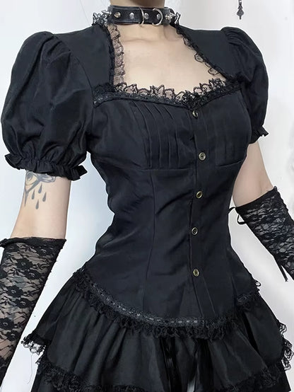 Vintage Gothic Lolita T-Shirt Women Streetwear Lace Patchwork Puff Sleeve Bandage Crop Tee Tops Elegant Cosplay Clothes