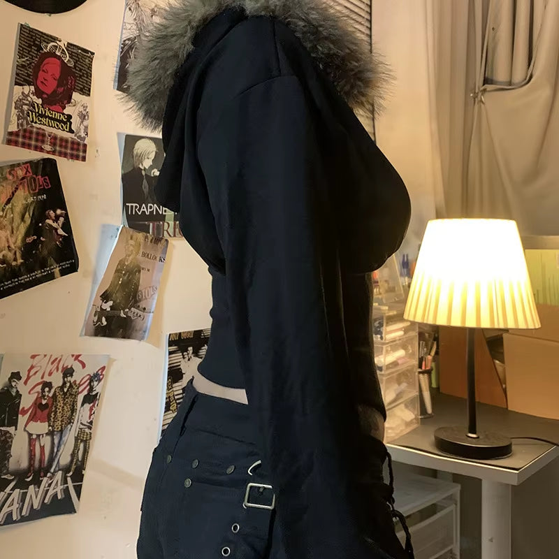 Autumn Winter Faux Fur Collar Solid Hooded Coats Women Casual Slim Waist Zip Hoodies Gothic Jackets Chic Streetwear
