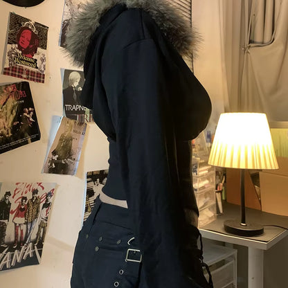 Autumn Winter Faux Fur Collar Solid Hooded Coats Women Casual Slim Waist Zip Hoodies Gothic Jackets Chic Streetwear