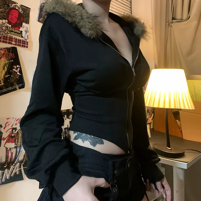 Autumn Winter Faux Fur Collar Solid Hooded Coats Women Casual Slim Waist Zip Hoodies Gothic Jackets Chic Streetwear