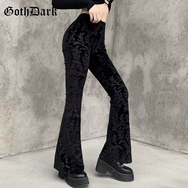 Vintage Floral Scratched Mall Gothic Pants Velvet High Waist Skinny Flare Trousers for Women Streetwear Cyber Y2K Pant