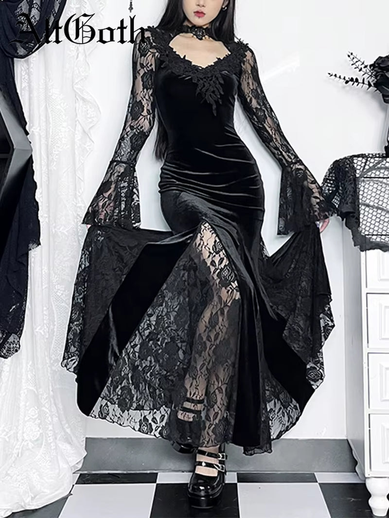 Aesthetic Gothic Midi Dress Women Vintage Elagnt Lace Patchwork See through Flare Sleeve High Waist Clubwear Dress Femme