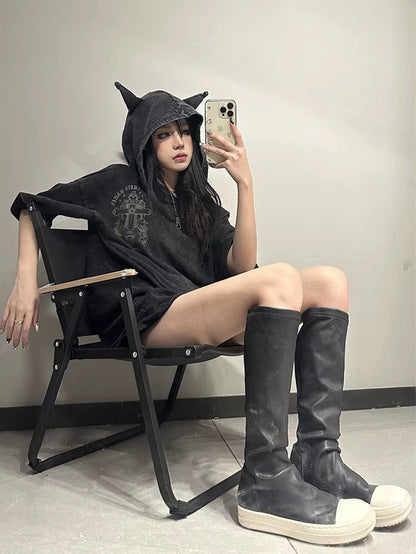 Harajuku Gothic Devil Horn T-Shirt Women Vintage Streetwear Cyber Punk Y2K Emo Printed Hole Short Sleeve Hooded Tee Tops