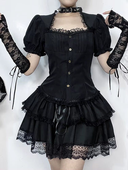 Vintage Gothic Lolita T-Shirt Women Streetwear Lace Patchwork Puff Sleeve Bandage Crop Tee Tops Elegant Cosplay Clothes